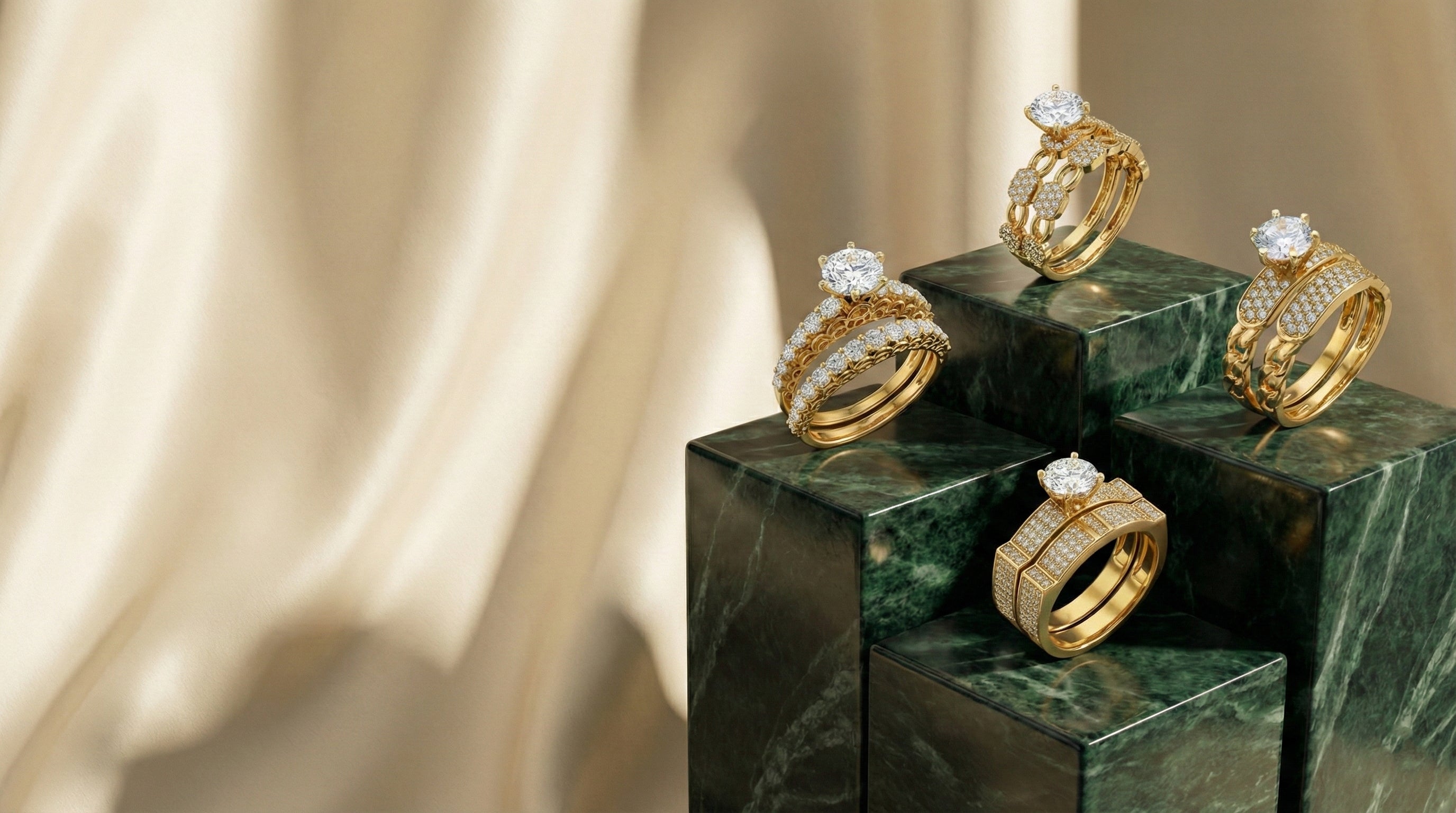 Gold rings with diamonds on green marble stands against a beige fabric background