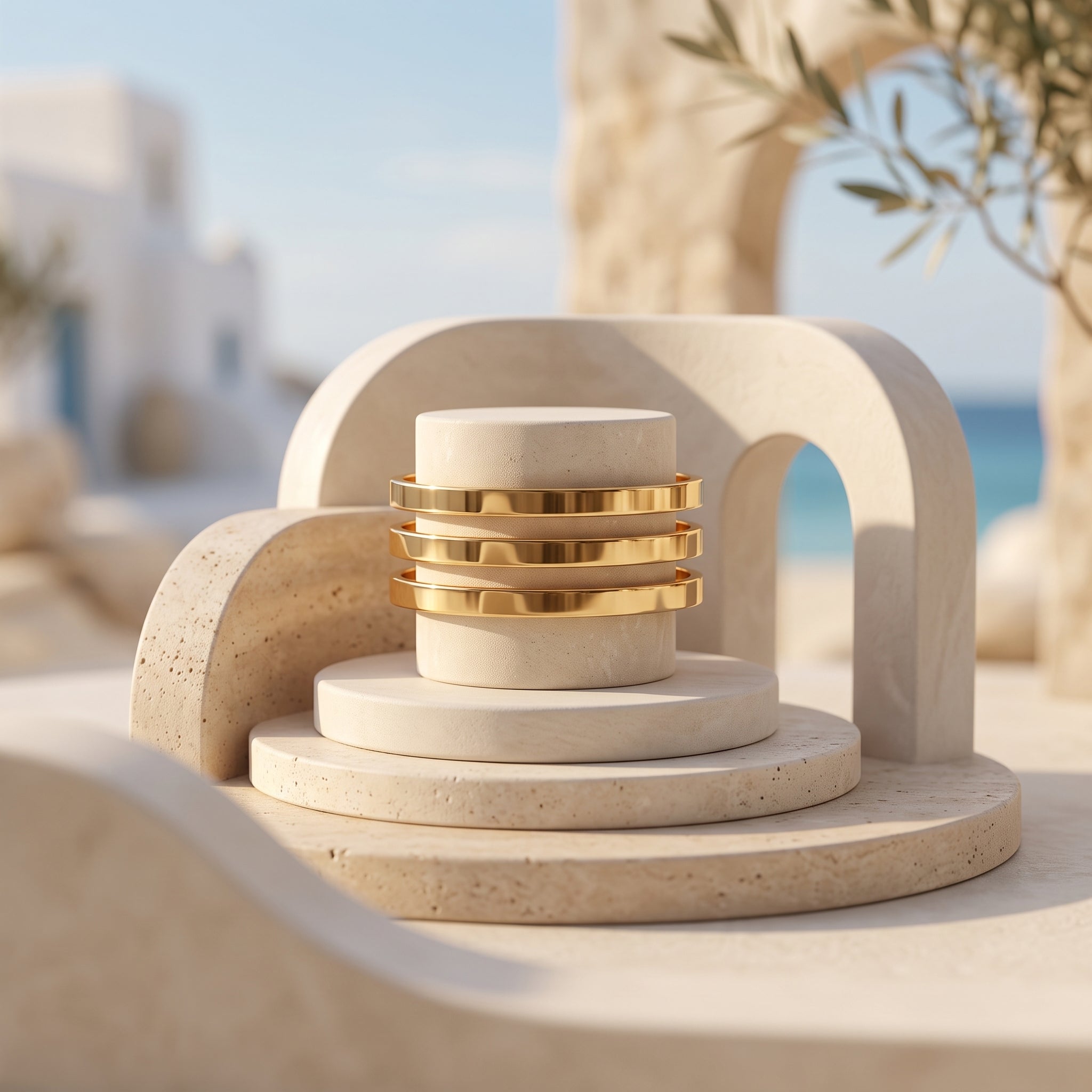 Three E.Z solid yellow gold bangles displayed on an elegant travertine architectural pedestal with a Mediterranean backdrop.	ثلاث غوايش ذهب أصفر سادة من E.Z معروضة على قاعدة معمارية أنيقة من حجر الترافرتين مع خلفية متوسطية.