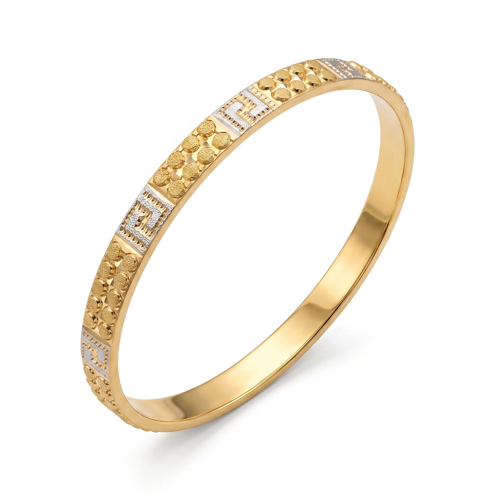 E.Z two-tone patterned solid gold bangle with white gold accents starting from 9.50g, isolated on a pure white background.	غويشة سادة منقوشة بلونين مع تفاصيل من الذهب الأبيض من E.Z تبدأ من 9.50 جم، معزولة على خلفية بيضاء نقية.