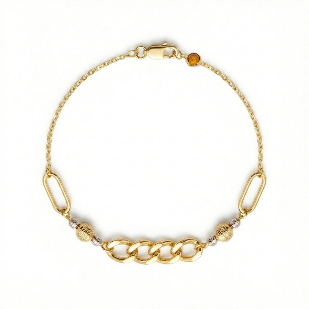 Gold bracelet with chain design and beads on a white background