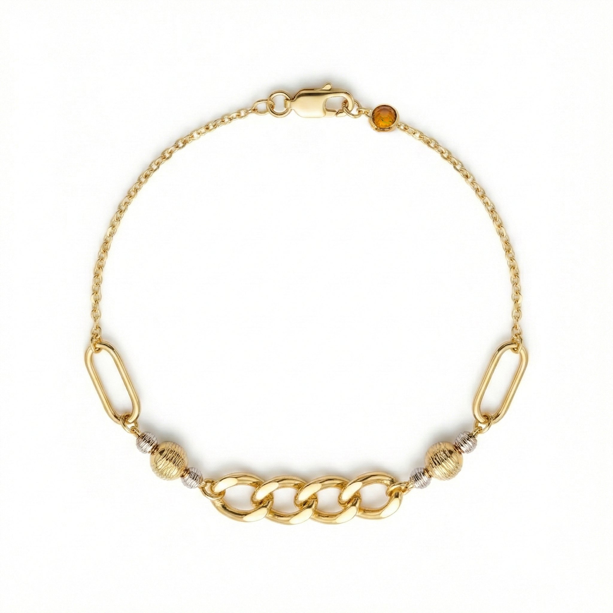 Gold bracelet with chain design and beads on a white background