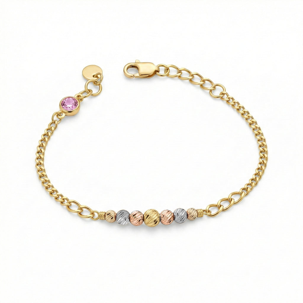 Gold bracelet with multicolored beads on a white background