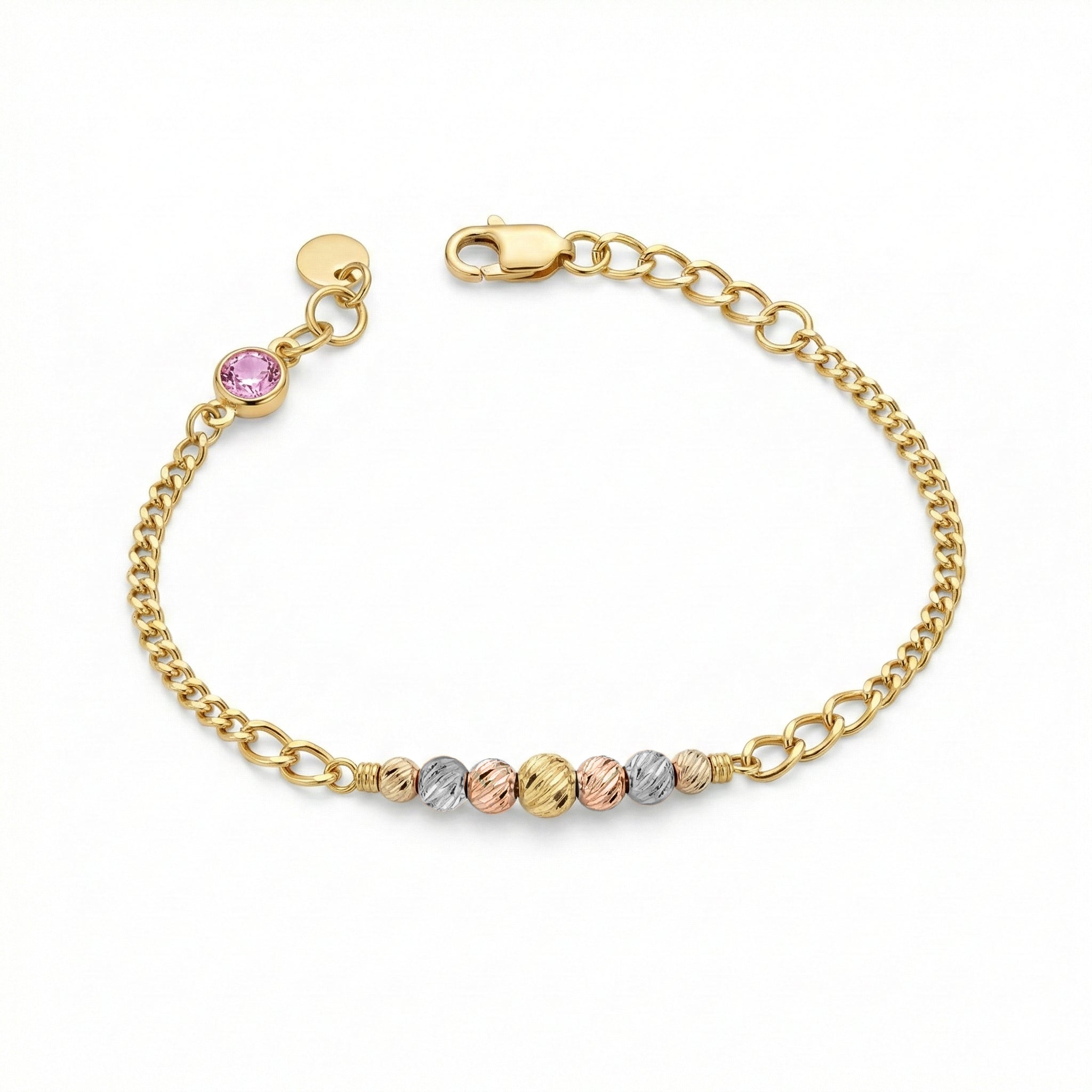 Gold bracelet with multicolored beads on a white background