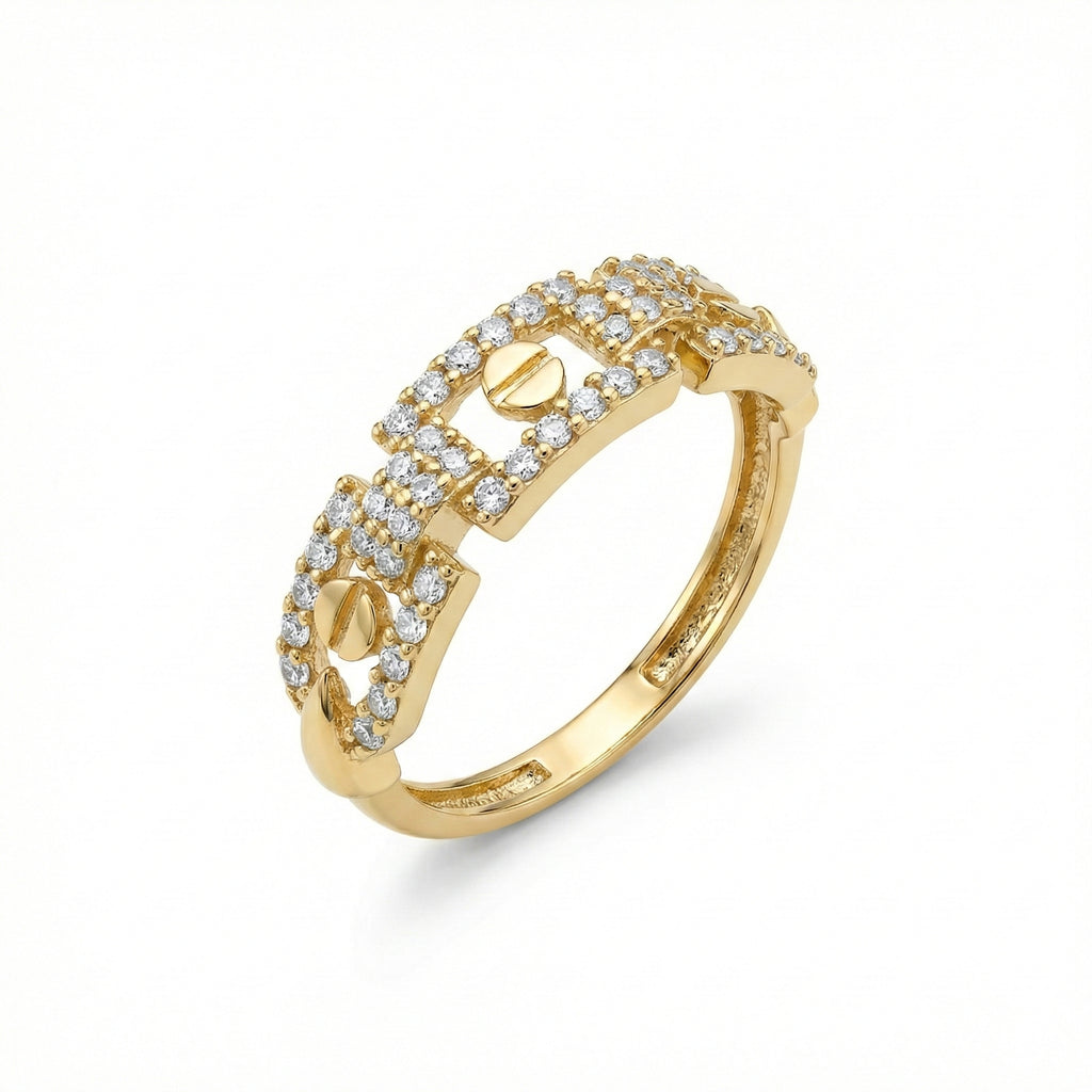 Gold ring with diamond accents on a white background
