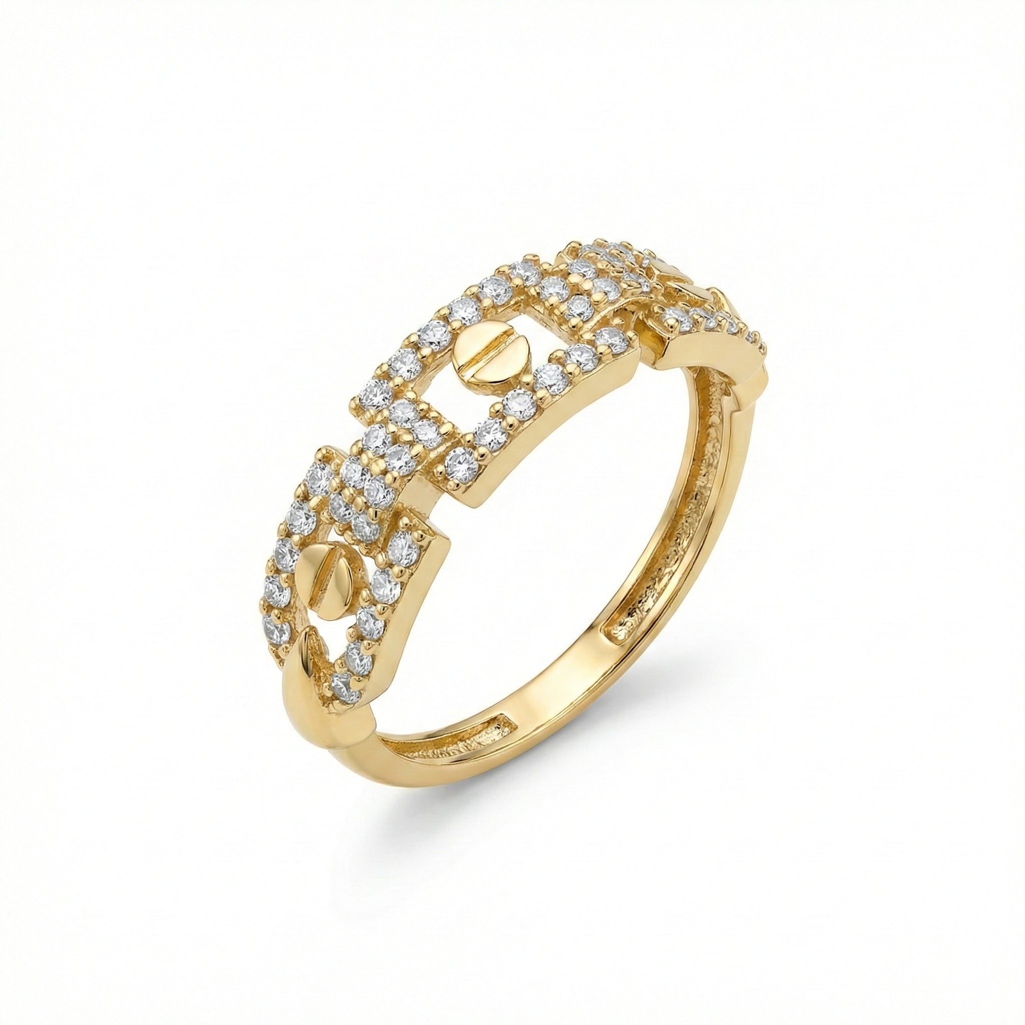 Gold ring with diamond accents on a white background