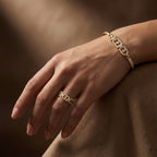 Gold bracelet and ring on a hand against a brown background