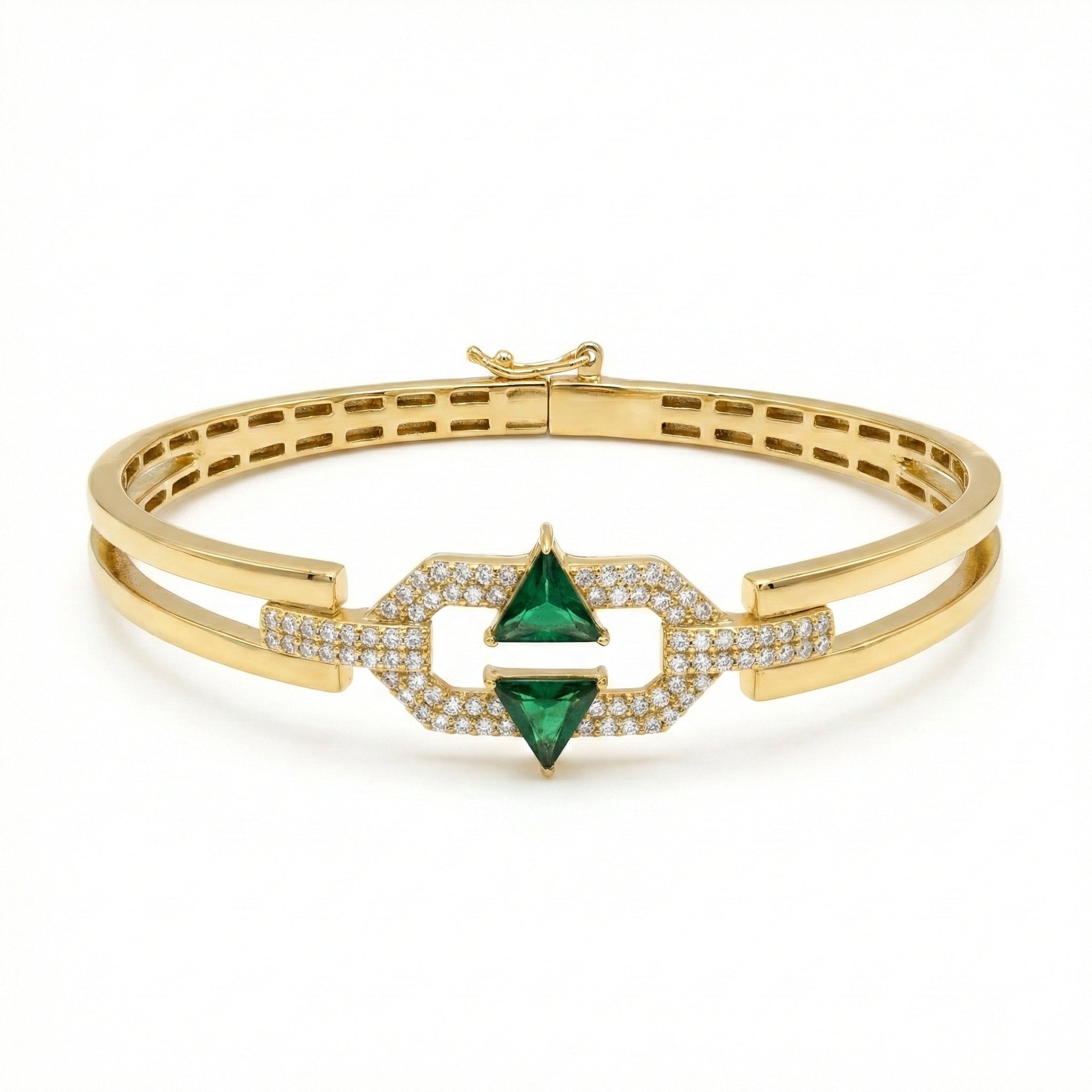 Gold bracelet with green gemstone and diamond accents on a white background