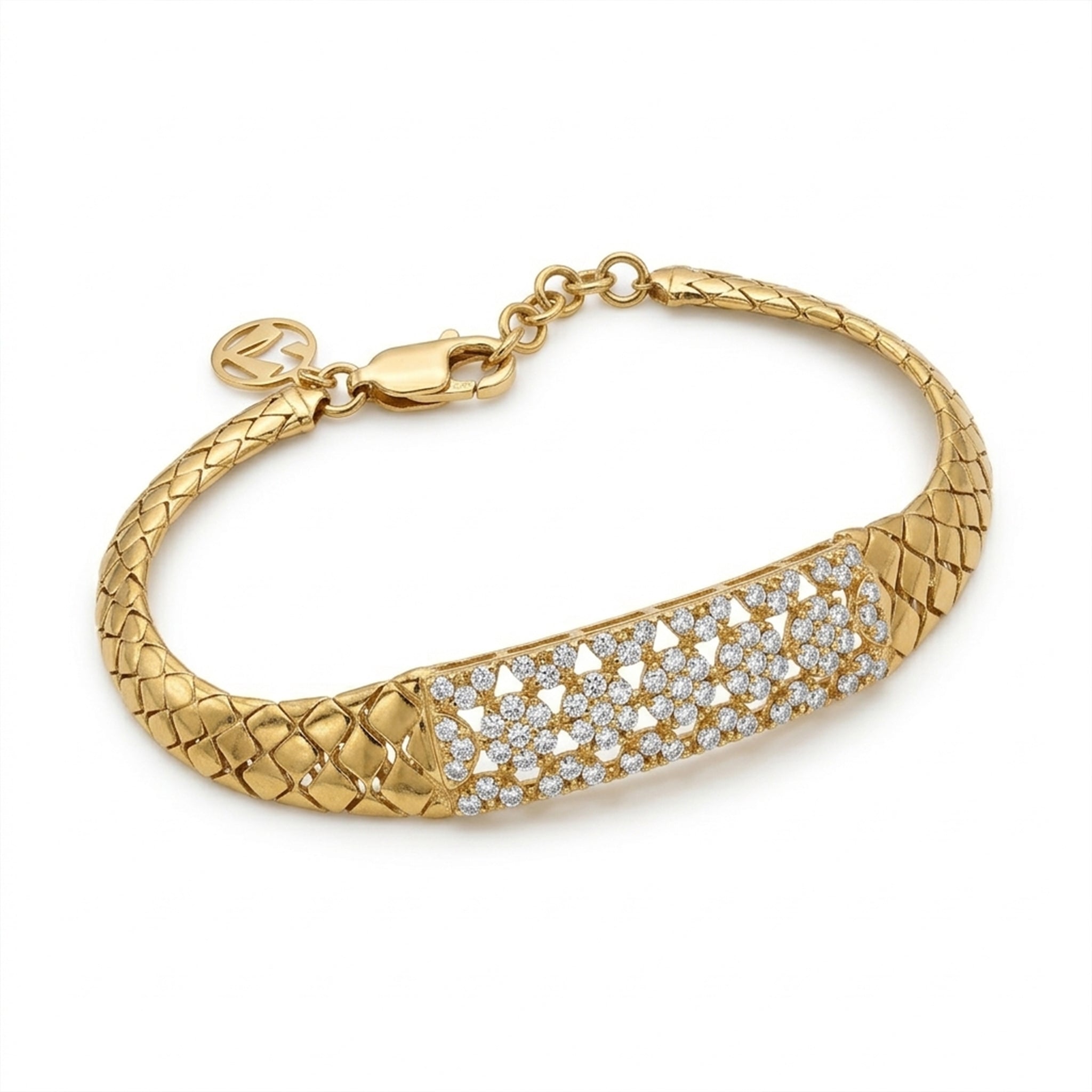 A Lazurde 18k yellow gold bracelet featuring a wide, woven-textured band and a central rectangular plate adorned with intricate floral pave-set stones, isolated on a seamless white background.