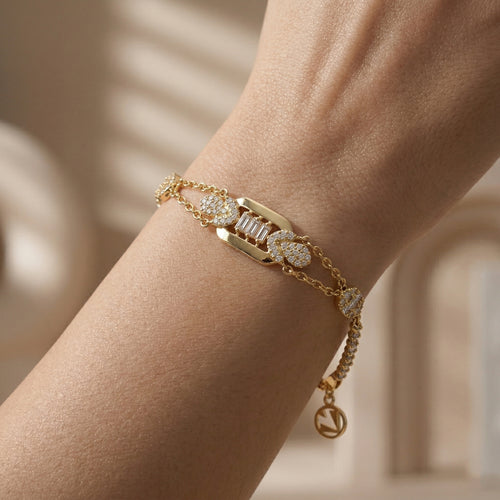 Ultra-realistic luxury micro editorial photograph of a Lazurde 18k yellow gold bracelet worn on a feminine wrist. The close-up shot highlights the intricate gold reflectivity and diamond brilliance against a soft nude-beige gradient background with artistic shadow play, emphasizing a premium, gallery-like aesthetic.