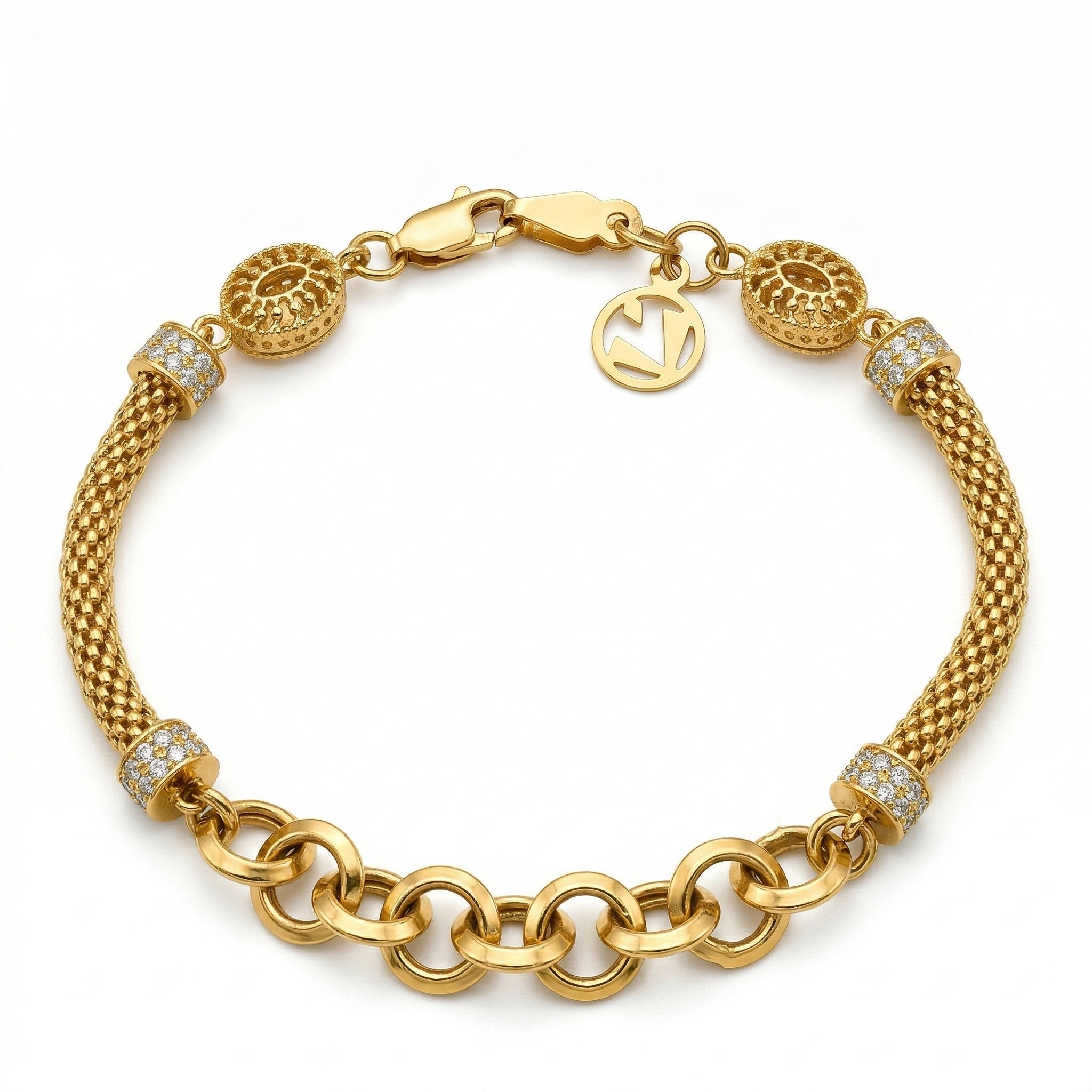 A high-end product photograph of a Lazurde 18k yellow gold bracelet displayed on a pure white background. The design features a sophisticated blend of woven mesh bands, oversized polished circular links, and cylindrical accents encrusted with sparkling stones.