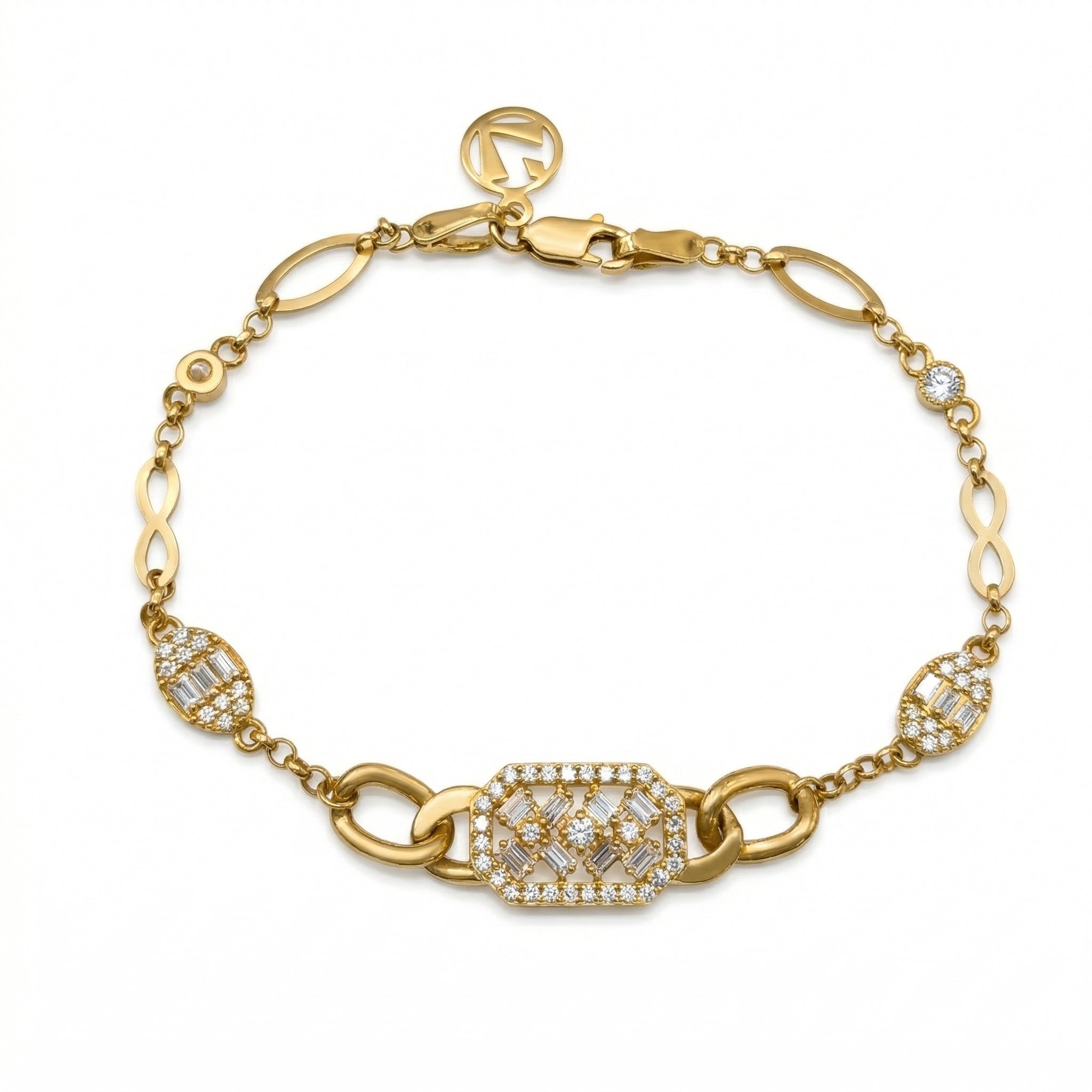 Ultra-realistic 4K product photography of a Lazurde 18k yellow gold bracelet featuring an intricate rectangular centerpiece encrusted with baguette and round-cut stones, linked by elegant infinity-shaped gold loops, isolated on a pure white background.