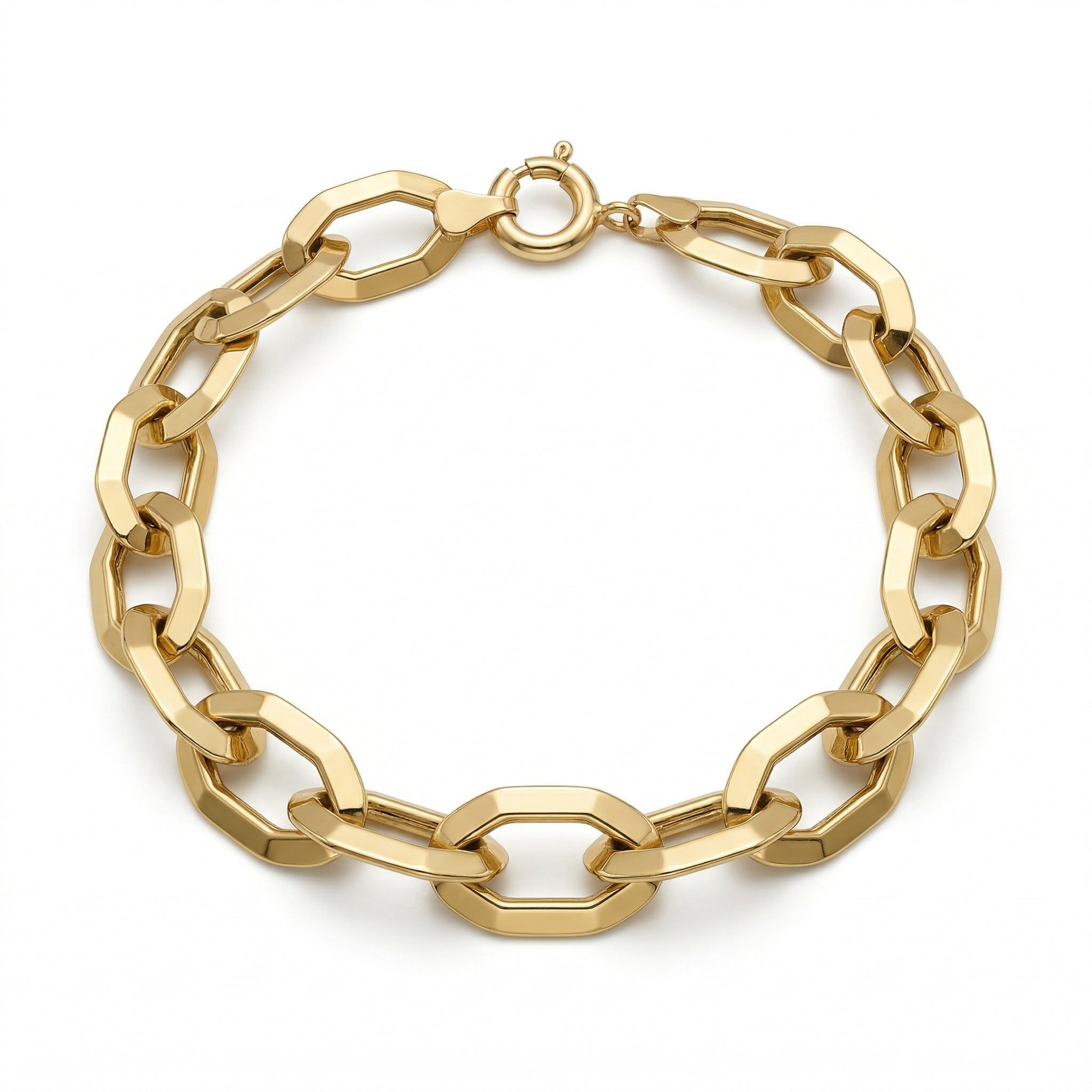 4K product photography of a Dreams 18k yellow gold bracelet, featuring high-polished octagonal geometric links and a secure spring-ring clasp on a pure white background.
