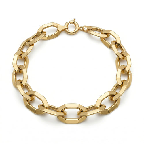 4K product photography of a Dreams 18k yellow gold bracelet, featuring high-polished octagonal geometric links and a secure spring-ring clasp on a pure white background.
