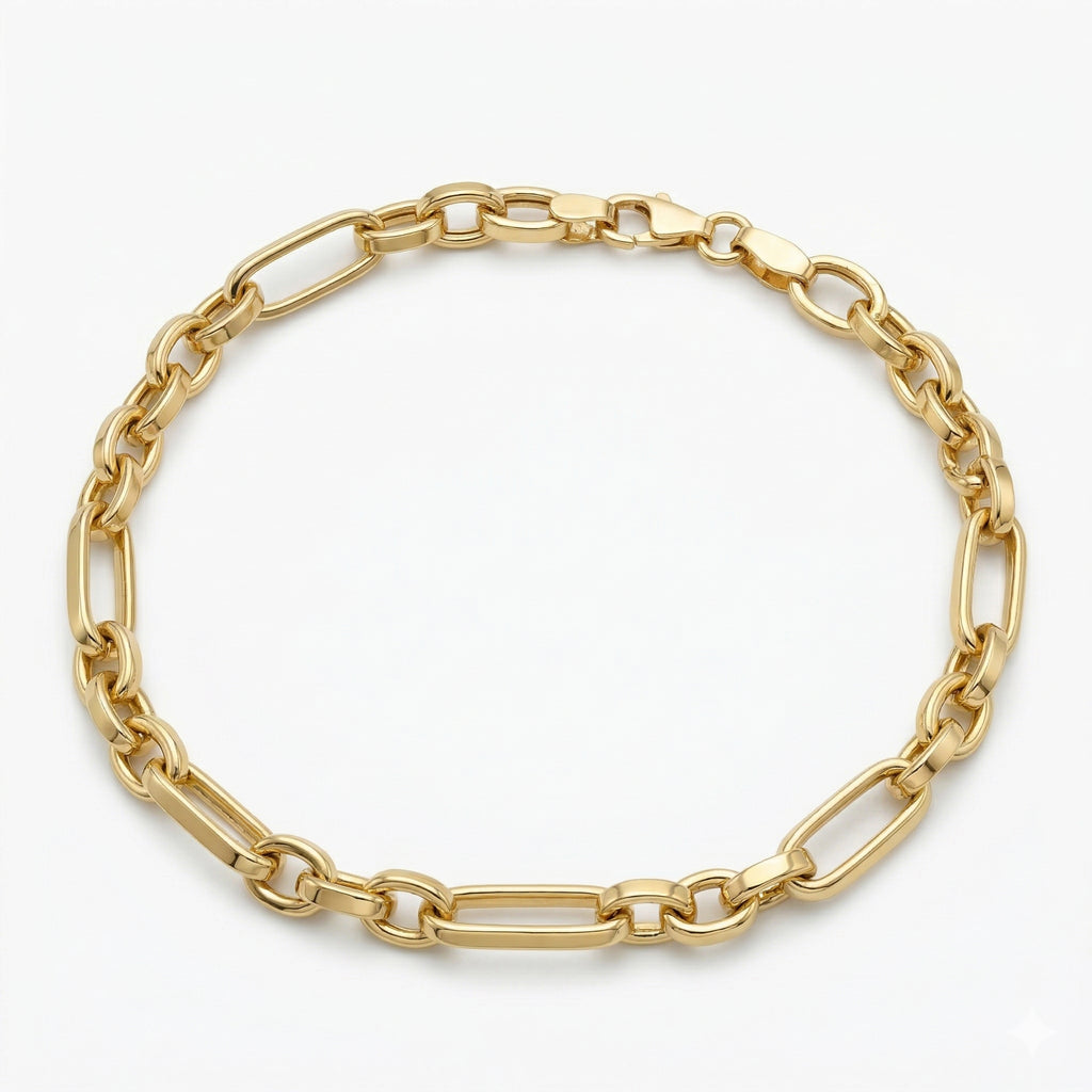 A Wassef 18k yellow gold Grommet link bracelet displayed on a pure white background, highlighting its polished finish and rhythmic alternating link pattern.