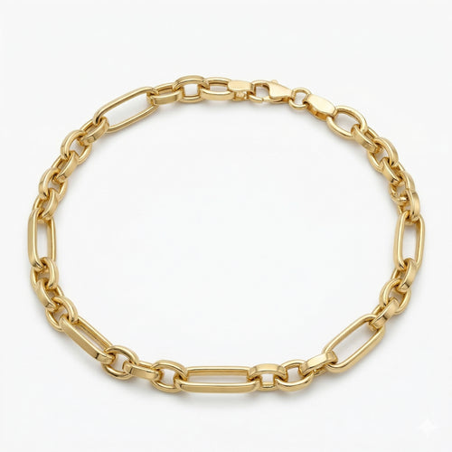 A Wassef 18k yellow gold Grommet link bracelet displayed on a pure white background, highlighting its polished finish and rhythmic alternating link pattern.