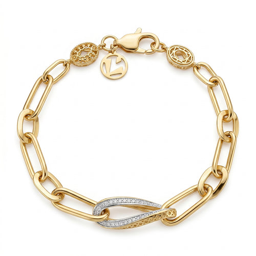 A top-down, ultra-realistic product photograph of a Lazurde 18k yellow gold link bracelet isolated on a pure white background. The bracelet is arranged in a circle, cleanly displaying its elongated gold links, twisted pave-set centerpiece, and the Lazurde logo charm near the clasp.