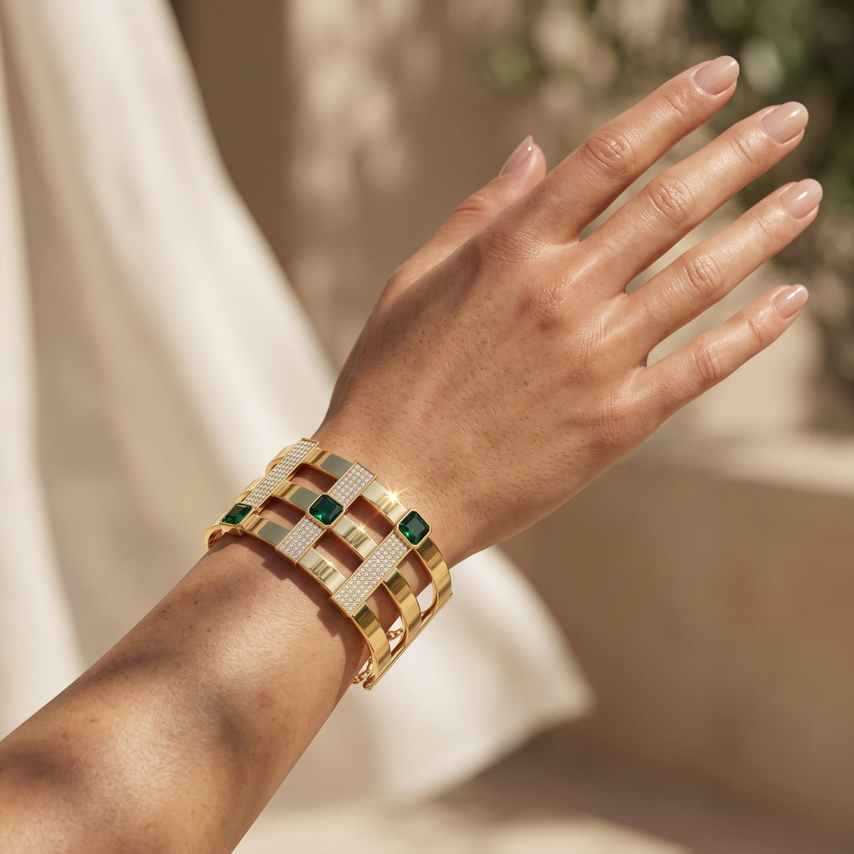 L'azurde 18k yellow gold cuff bracelet worn gracefully on a woman's wrist in warm summer sunlight. سوار كف من ذهب لازوردي الأصفر عيار 18 ترتديه امرأة بأناقة على معصمها تحت أشعة شمس الصيف الدافئة.