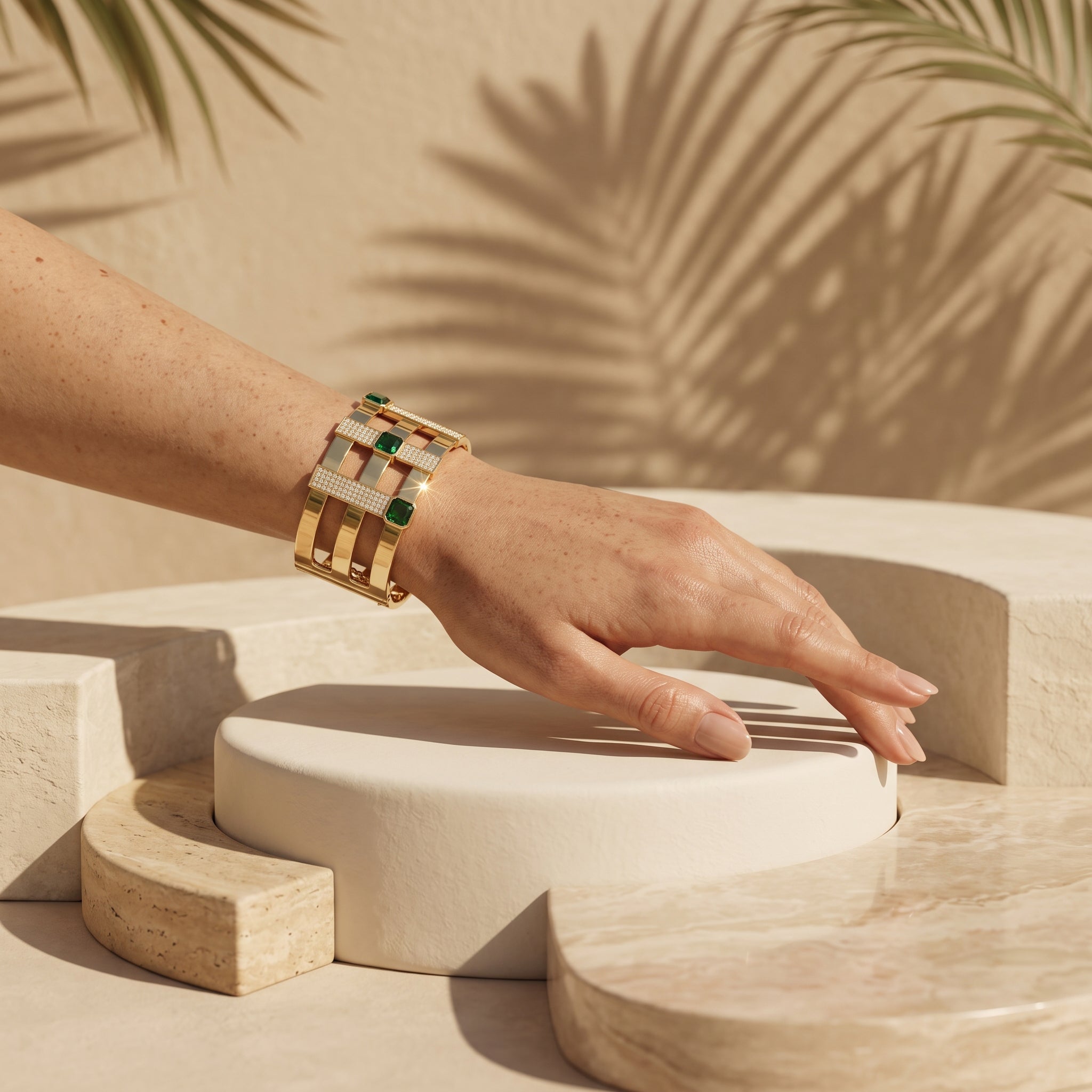 L'azurde 18k yellow gold bracelet glowing on a model's wrist resting elegantly on a luxury sculptural ivory pedestal. سوار من ذهب لازوردي الأصفر عيار 18 يتألق على معصم عارضة أزياء يستند بأناقة على قاعدة منحوتة فاخرة بلون العاج.