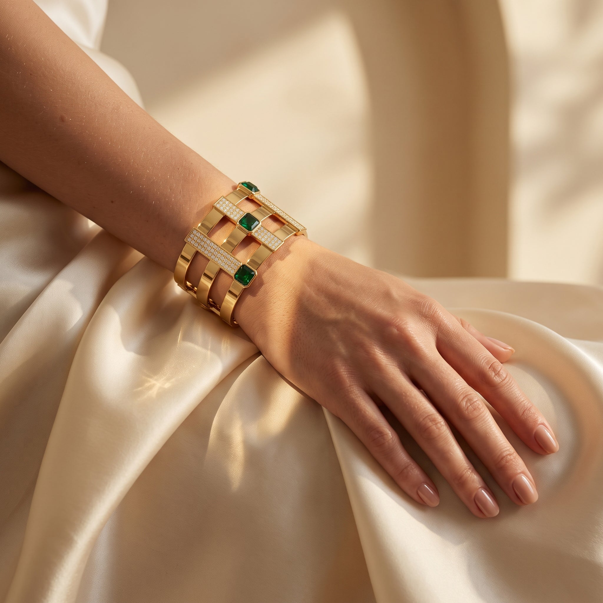 Close-up of a L'azurde 18k yellow gold bracelet worn on a woman's relaxed wrist resting on elegant draped ivory silk. لقطة مقربة لسوار من ذهب لازوردي الأصفر عيار 18 على معصم امرأة مسترخٍ يستند على قماش حرير عاجي أنيق ومنسدل.