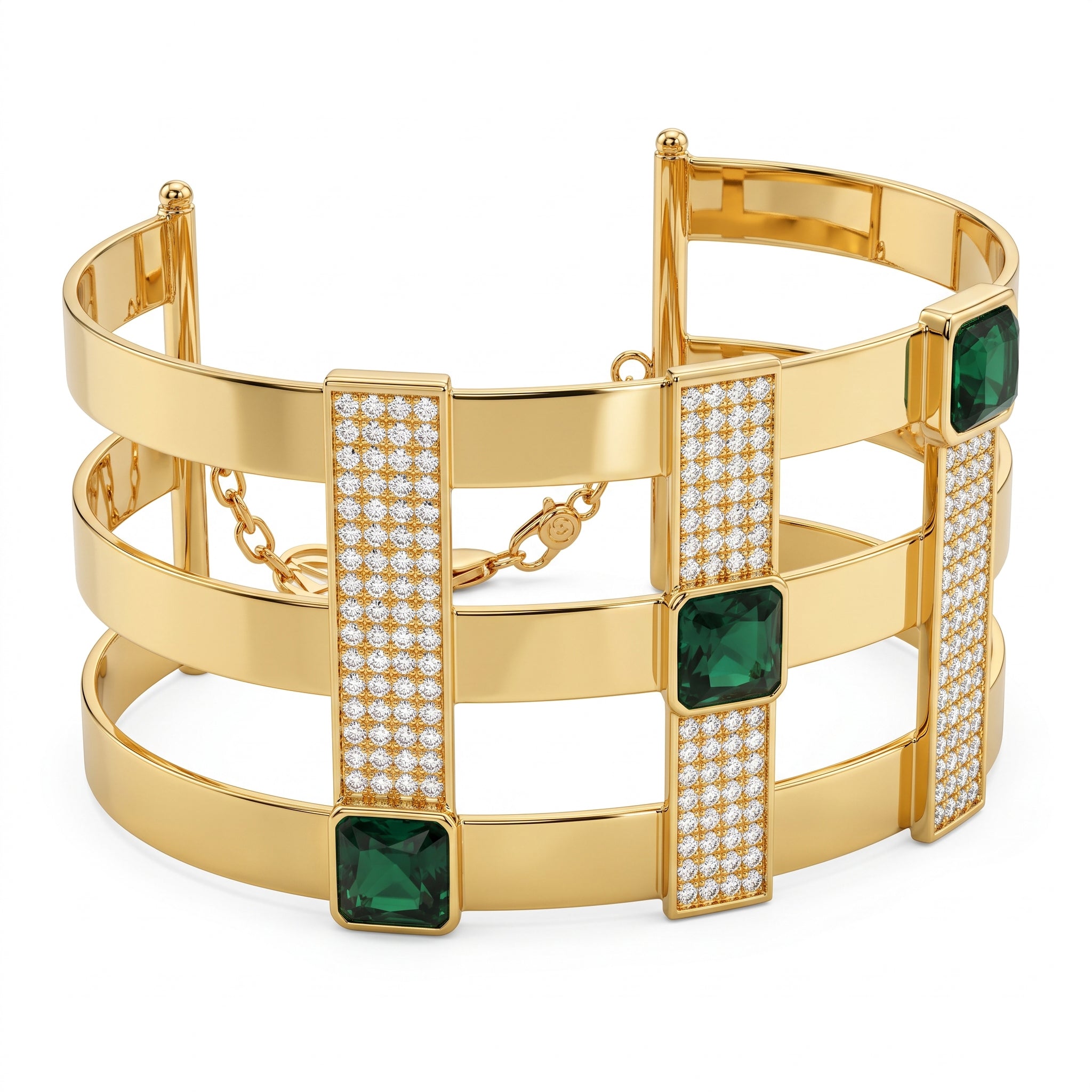 L'azurde 18k yellow gold statement cuff bracelet featuring square green stones and pave detailing on a pure white background. سوار (كف) من ذهب لازوردي الأصفر عيار 18 يتميز بأحجار خضراء مربعة وتفاصيل مرصعة (بافيه) على خلفية بيضاء نقية.