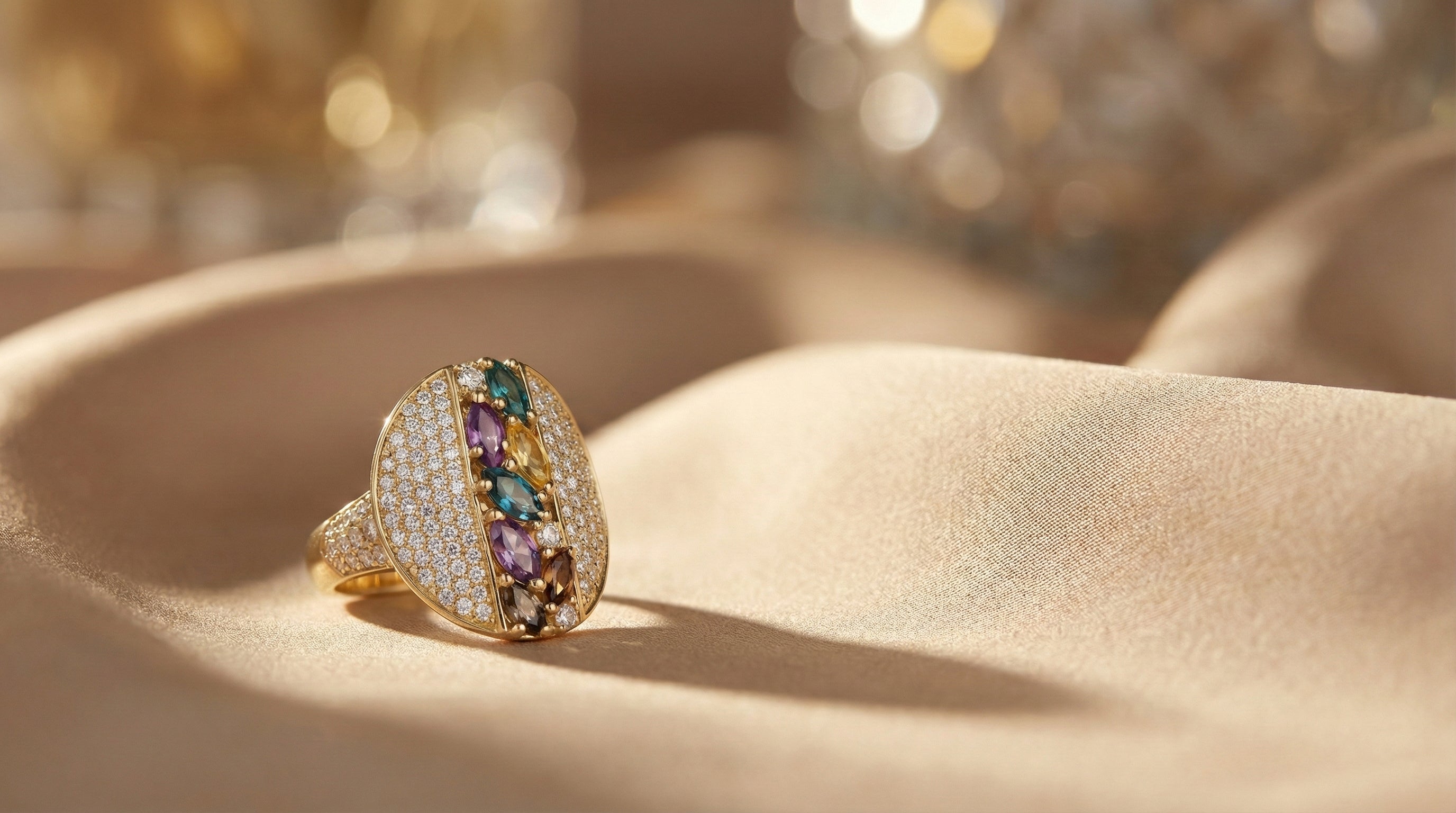 Gold ring with multicolored gemstones on a beige surface