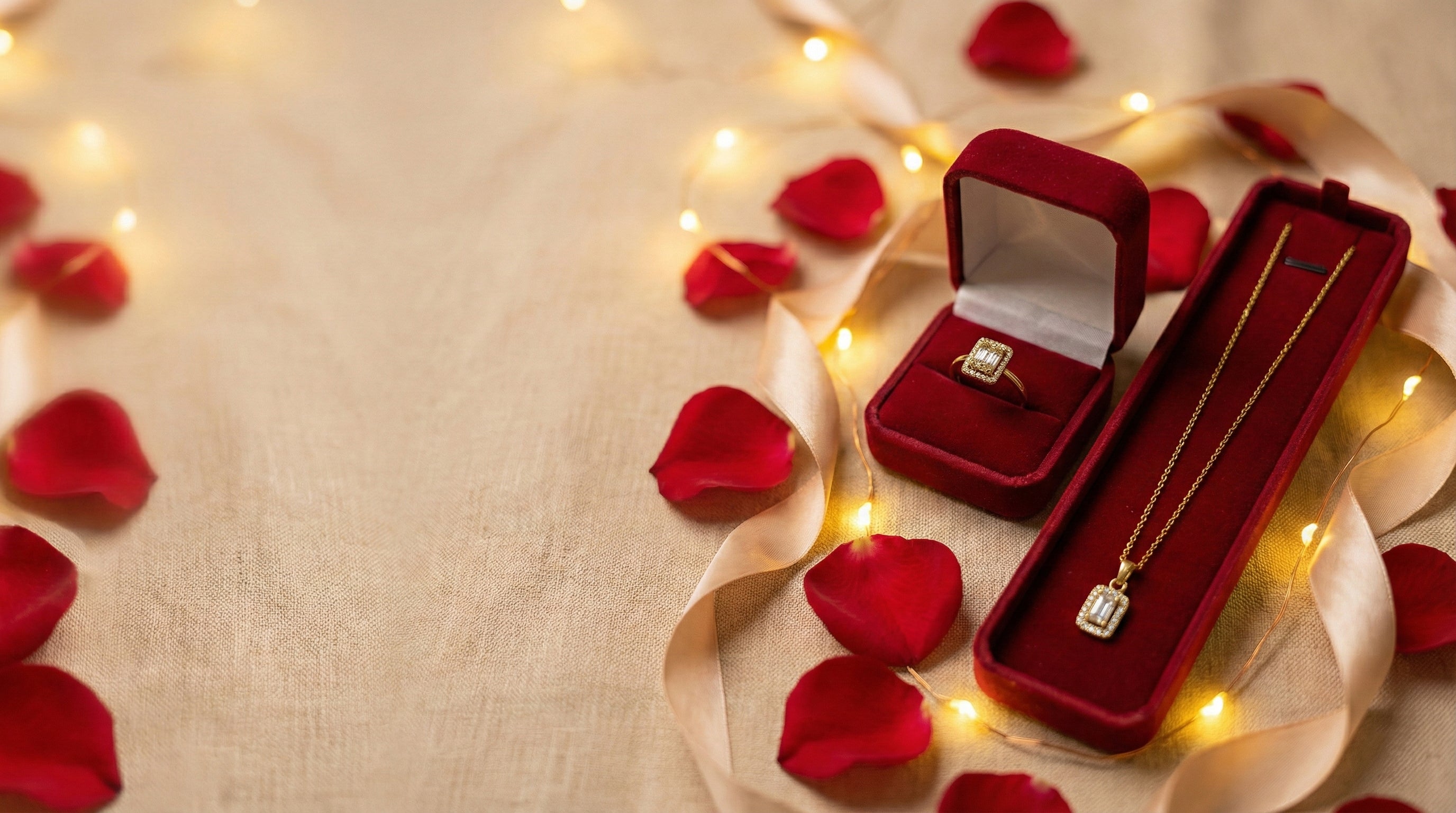 Jewelry set in red boxes with red rose petals and string lights on a beige fabric background