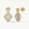 Radiant 18K Yellow Gold Drop Earrings with Baguette & Round Diamond Halo (Screw-Back)