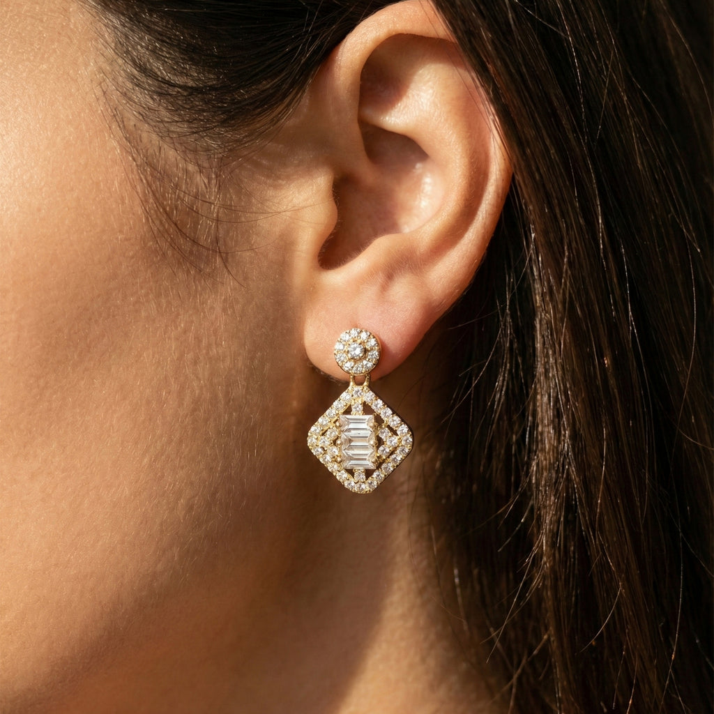 Radiant 18K Yellow Gold Drop Earrings with Baguette & Round Diamond Halo (Screw-Back)