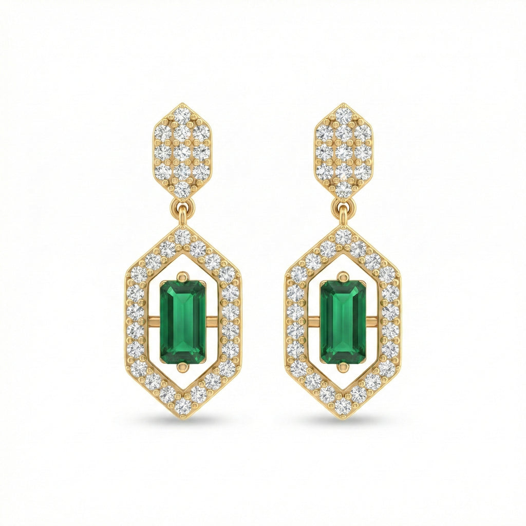 Gold earrings with green gemstones and diamond accents on a white background