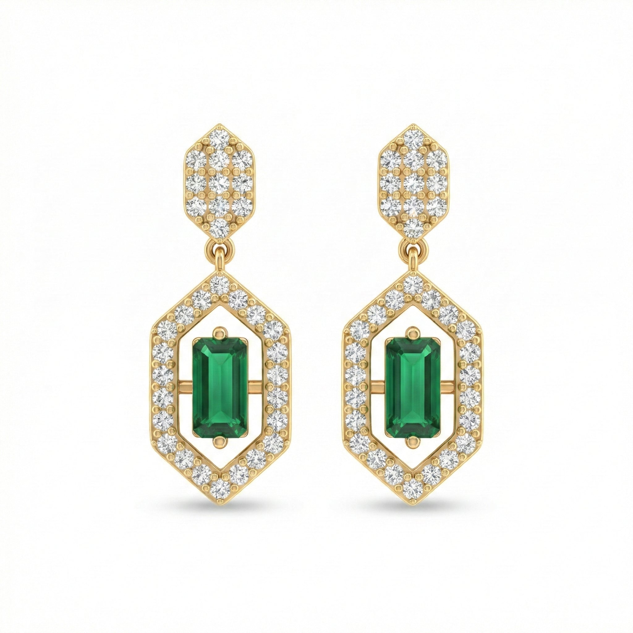 Gold earrings with green gemstones and diamond accents on a white background