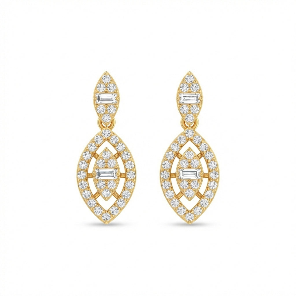 Gold earrings with diamond accents on a white background