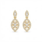 Gold earrings with diamond accents on a white background