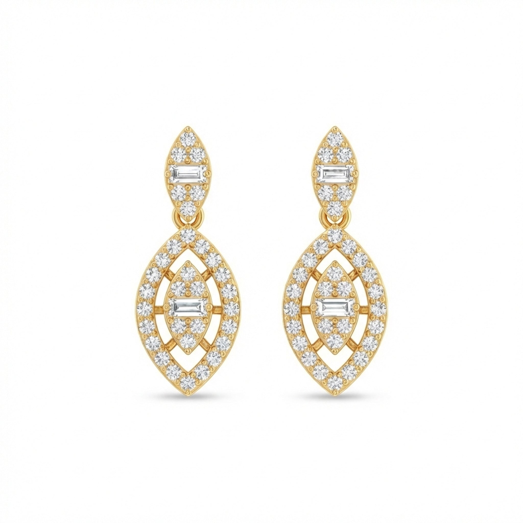 Gold earrings with diamond accents on a white background