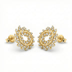 Gold earrings with diamond accents on a white background