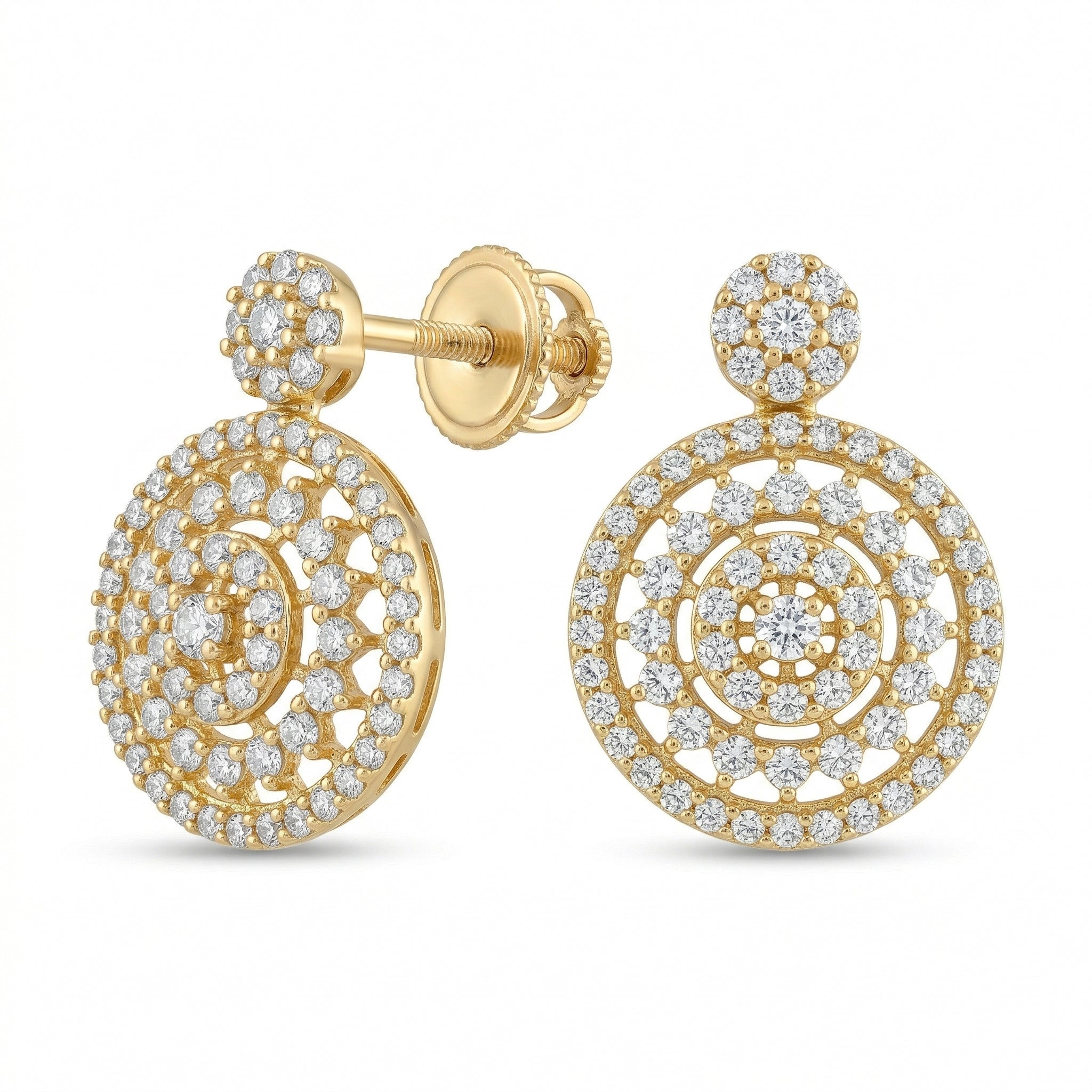 A high-resolution e-commerce product shot of Lazurde 18k yellow gold stud earrings on a pure white background, featuring a highly detailed, multi-layered circular design fully encrusted with radiant clear stones.
