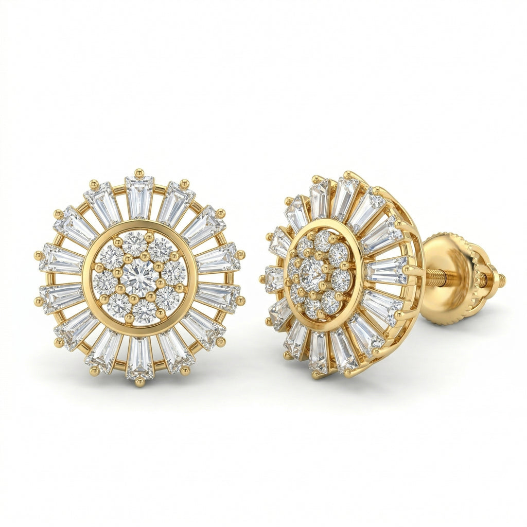 A high-resolution e-commerce product photograph of Lazurde 18k yellow gold stud earrings on a pure white background, showcasing a brilliant sunburst design with a center cluster of round stones surrounded by a halo of baguette-cut stones.