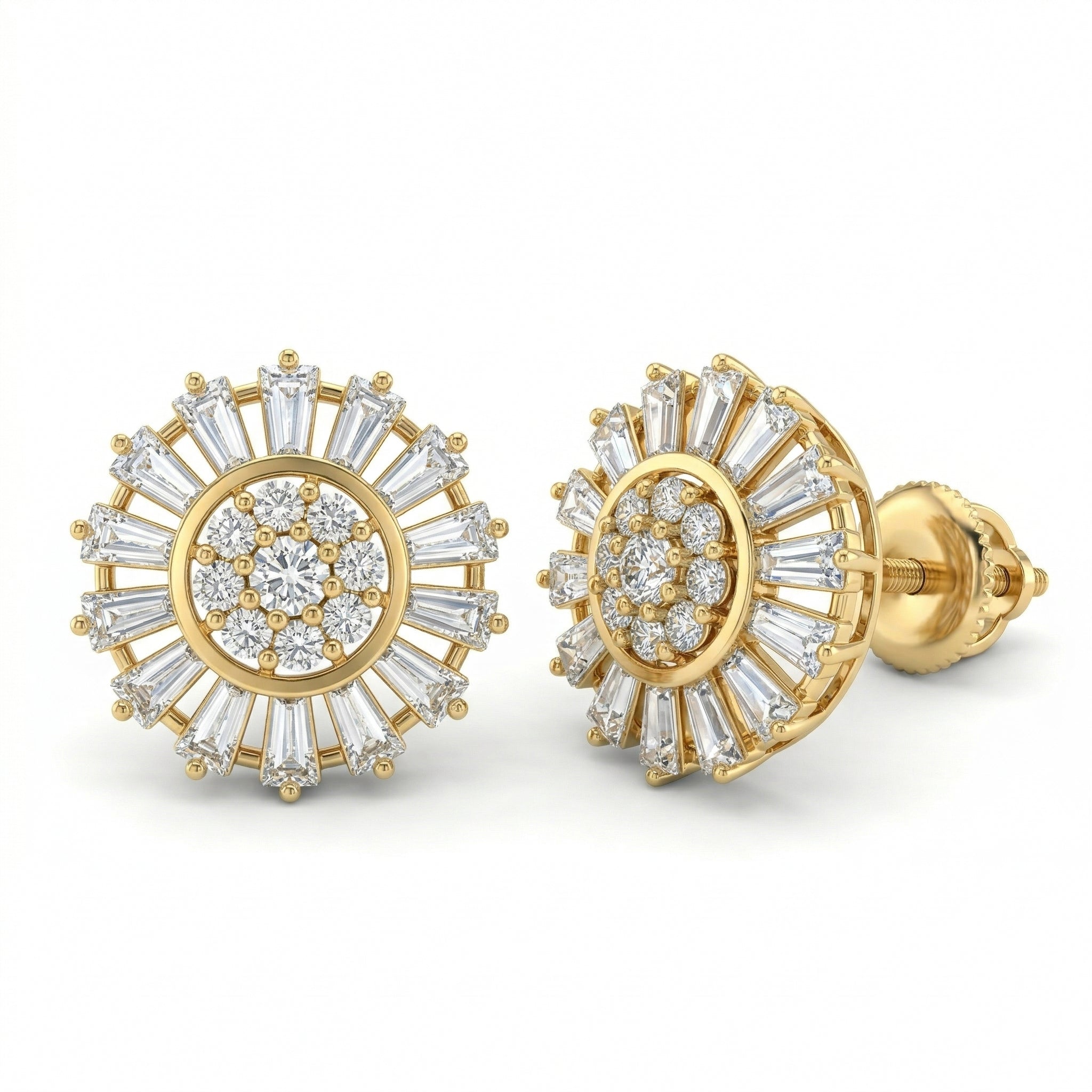 A high-resolution e-commerce product photograph of Lazurde 18k yellow gold stud earrings on a pure white background, showcasing a brilliant sunburst design with a center cluster of round stones surrounded by a halo of baguette-cut stones.