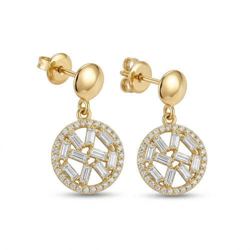 Lazurde 18k yellow gold drop earrings featuring a polished gold top and a circular pendant with an intricate, geometric arrangement of baguette stones surrounded by a sparkling stone halo, isolated on a pure white background.