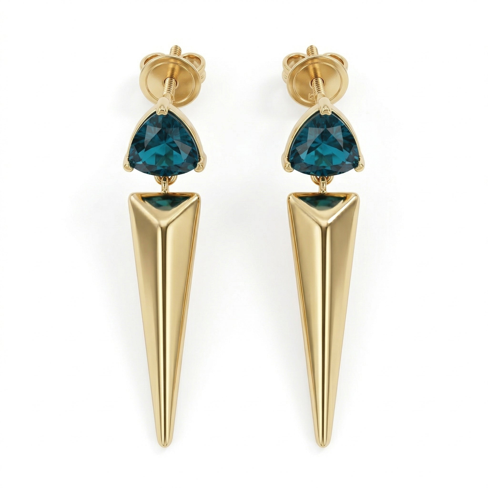 A pair of Lazurde 18k yellow gold earrings featuring a trillion-cut teal gemstone set above a long, polished gold spike pendant, isolated on a pure white background in a 4k product shot.