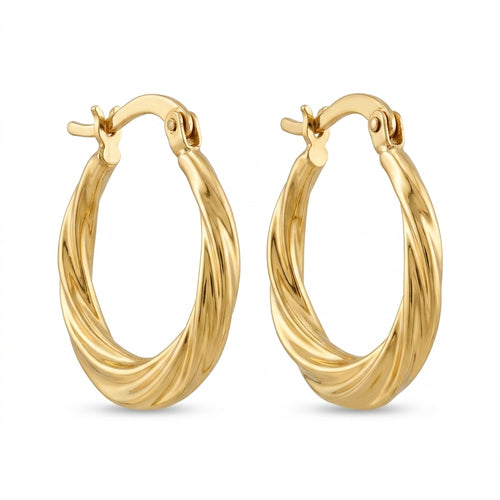 Queen gold 18k yellow gold twisted hoop earrings weighing 2.82 gm, showcased on a pure white background.
أقراط دائرية مجدولة من كوين جولد (Queen gold) من الذهب الأصفر عيار 18 بوزن 2.82 جرام معروضة على خلفية بيضاء نقية.