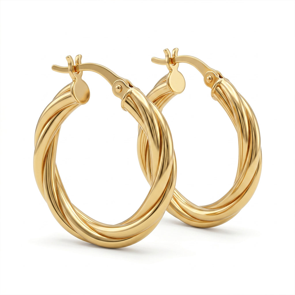 18k yellow gold twisted hoop earrings featuring a high-polish finish on a pure white background.
حلق مدور مجدول من الدهب الأصفر عيار 18 بلمعة عالية على خلفية بيضا سادة.