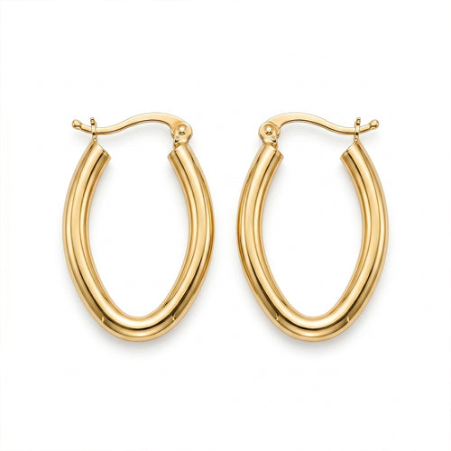 18k yellow gold minimalist oval hoop earrings on a pure white background.
حلق ذهب عيار 18 أصفر بتصميم بيضاوي بسيط على خلفية بيضاء.