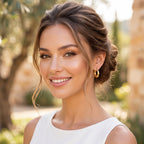 A full-face portrait of a woman smiling brightly and looking at the camera. She has an elegant brown hair updo and natural makeup. She is wearing chunky gold hoop earrings in both ears and a white top. The background is a blurred, sunlit outdoor patio or garden with olive trees.