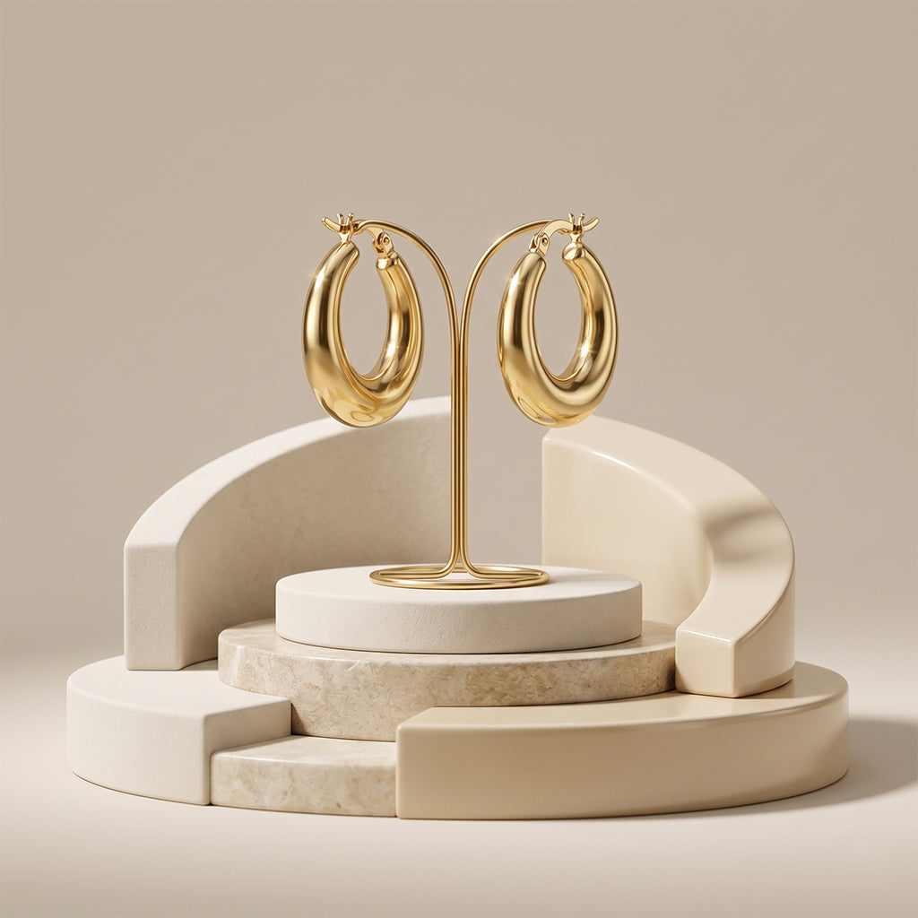 A high-end product display of a pair of chunky gold hoop earrings on a delicate gold stand. The stand sits on a tiered architectural podium made of curved cream and beige marble and stone elements, against a plain beige background.