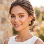 Elegant smiling woman outdoors wearing only 18k yellow gold elongated oval-grooved hoop earrings.