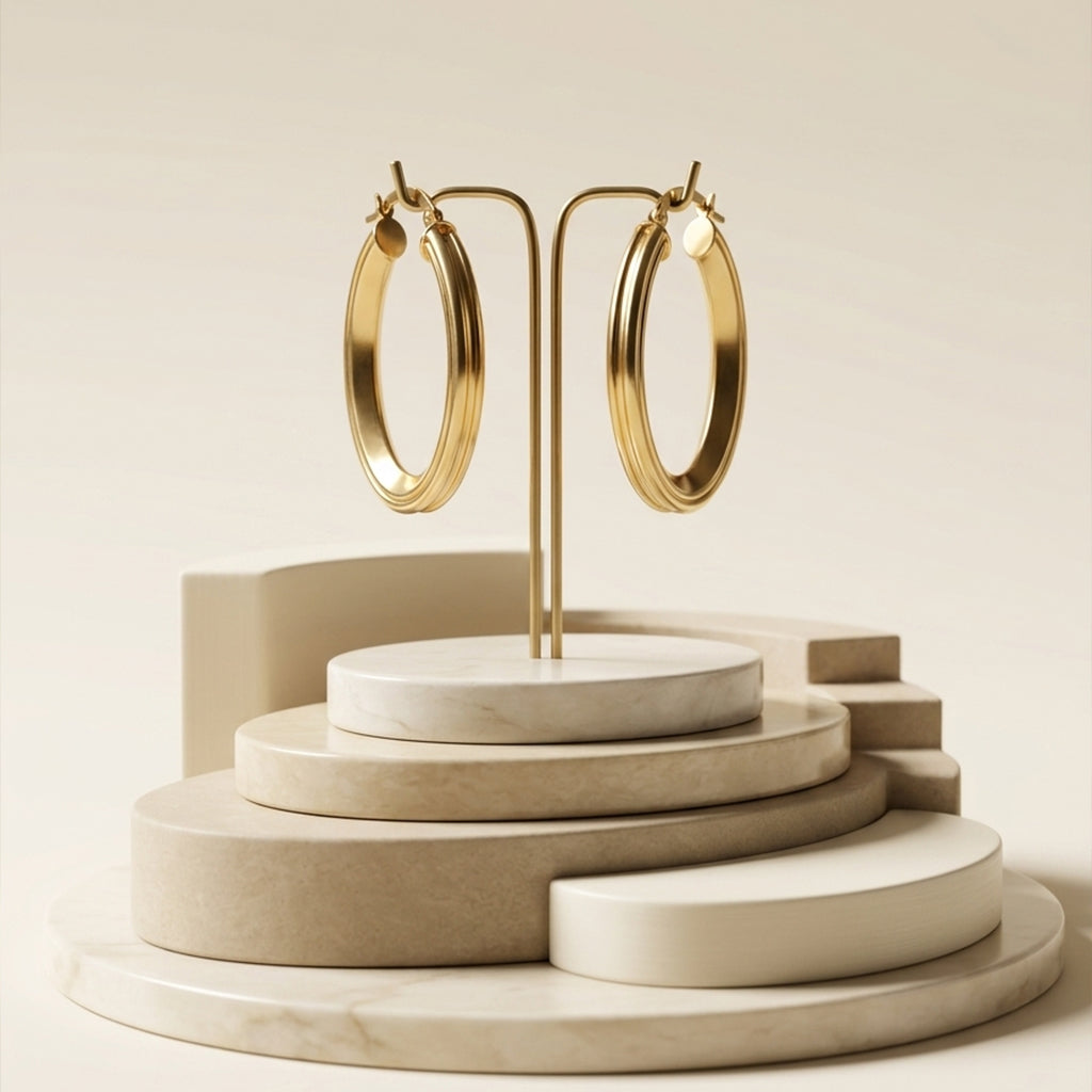 Still life product photograph of 18k yellow gold elongated oval-grooved hoop earrings displayed on a premium geometric podium stand.