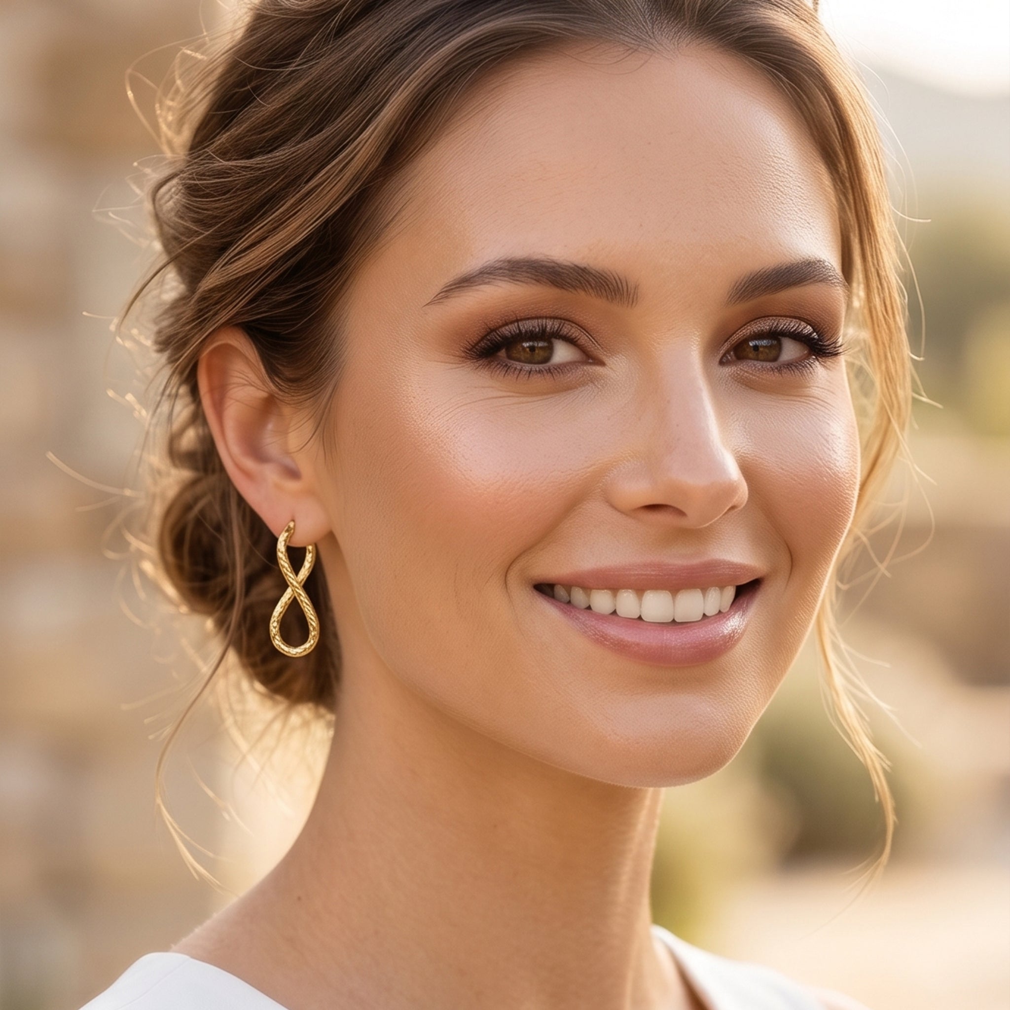 Elegant model wearing UNO brand 18k yellow gold infinity hoop earrings outdoors.
موديل أنيقة لابسة حلق إنفينيتي دهب عيار 18 من ماركة أونو في تصوير خارجي