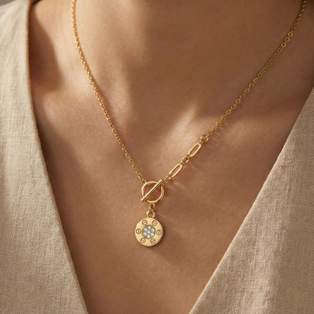 The Crystal Screw-Motif Toggle Necklace 18K Yellow Gold