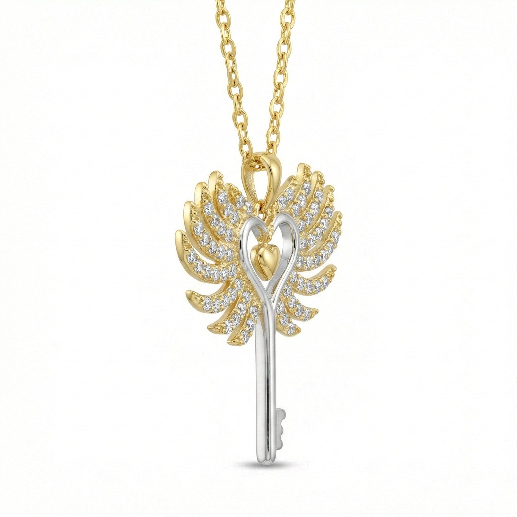The Celestial Two-Tone Winged Key Necklace 18K Yellow Gold
