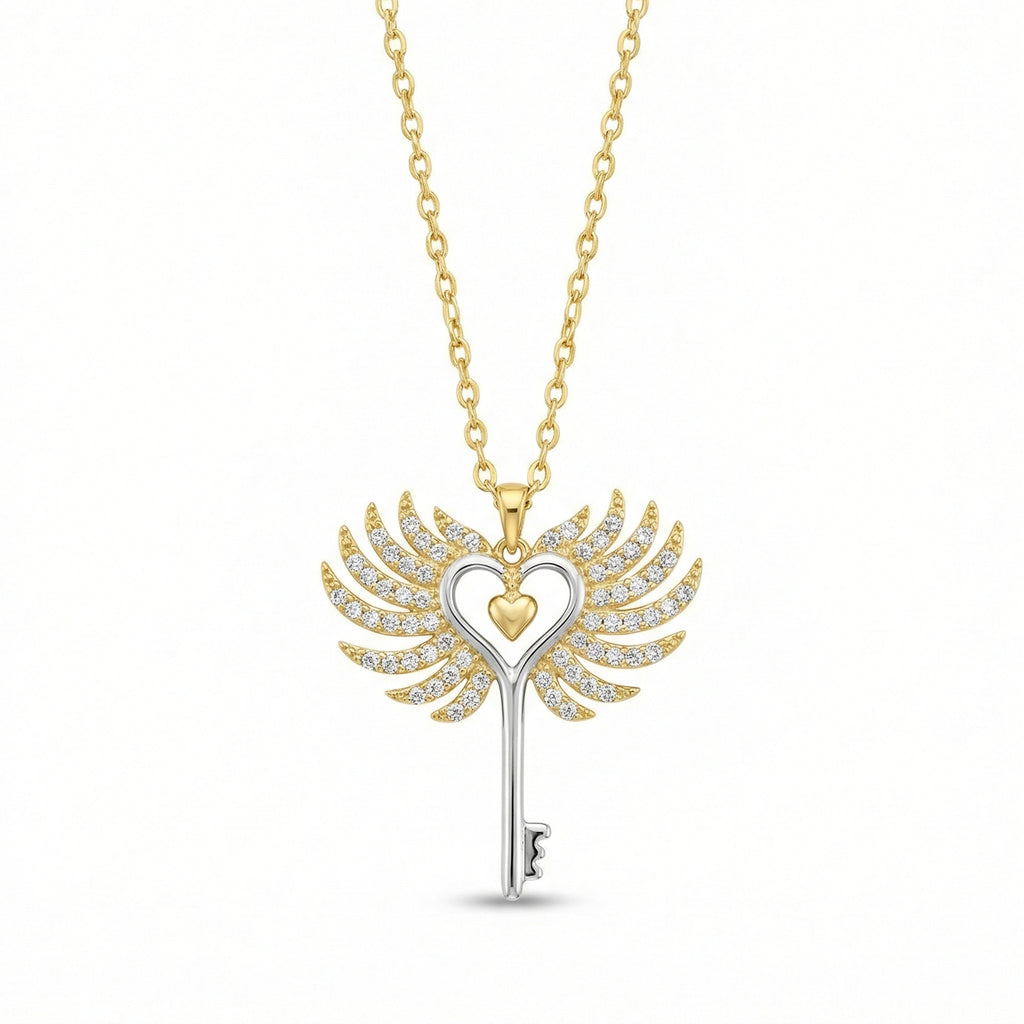 The Celestial Two-Tone Winged Key Necklace 18K Yellow Gold